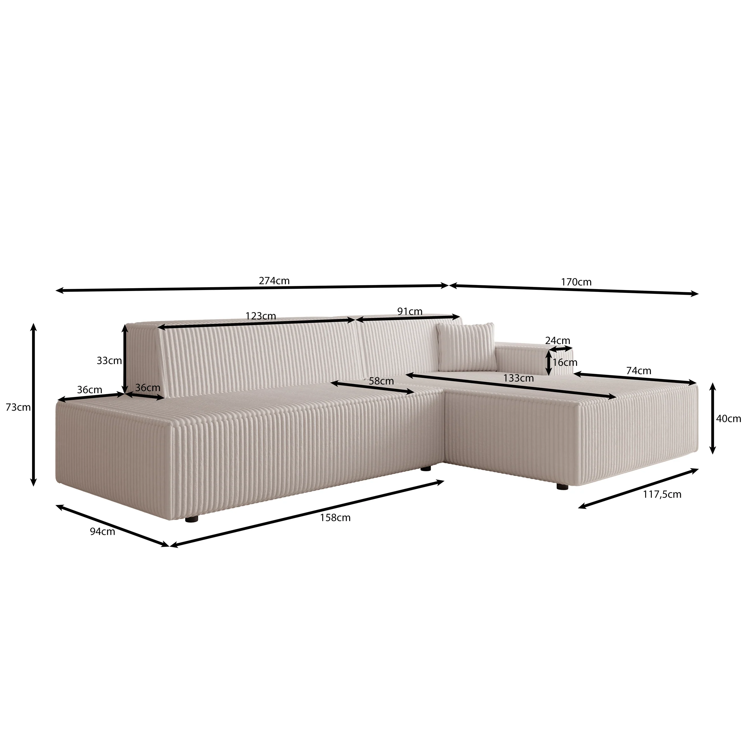 Tasmania - Hoekbank 3-zits met slaapfunctie - Ribstof beige - Rechts - Image 6