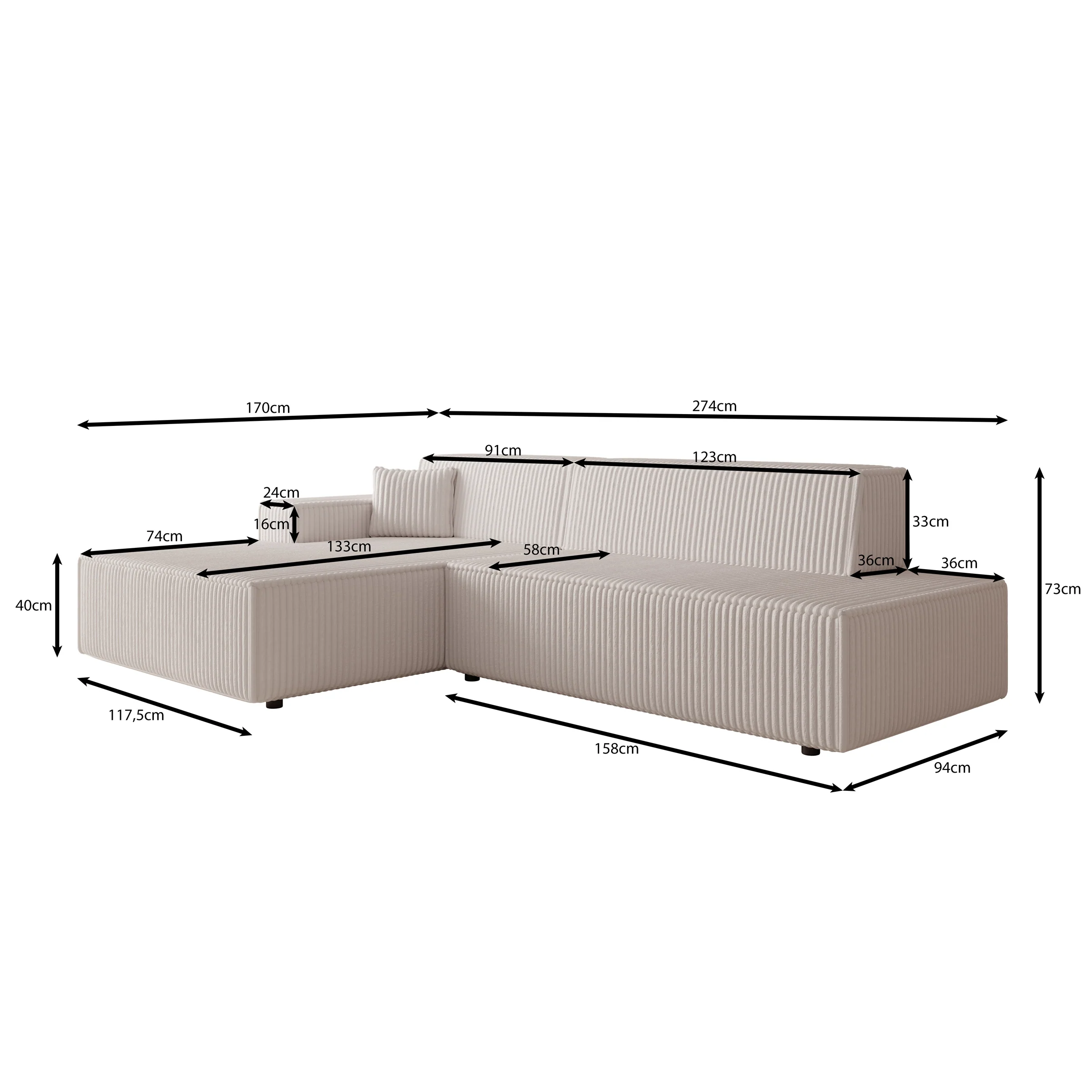 Tasmania - Hoekbank 3-zits met slaapfunctie - Ribstof beige - Links - Image 6