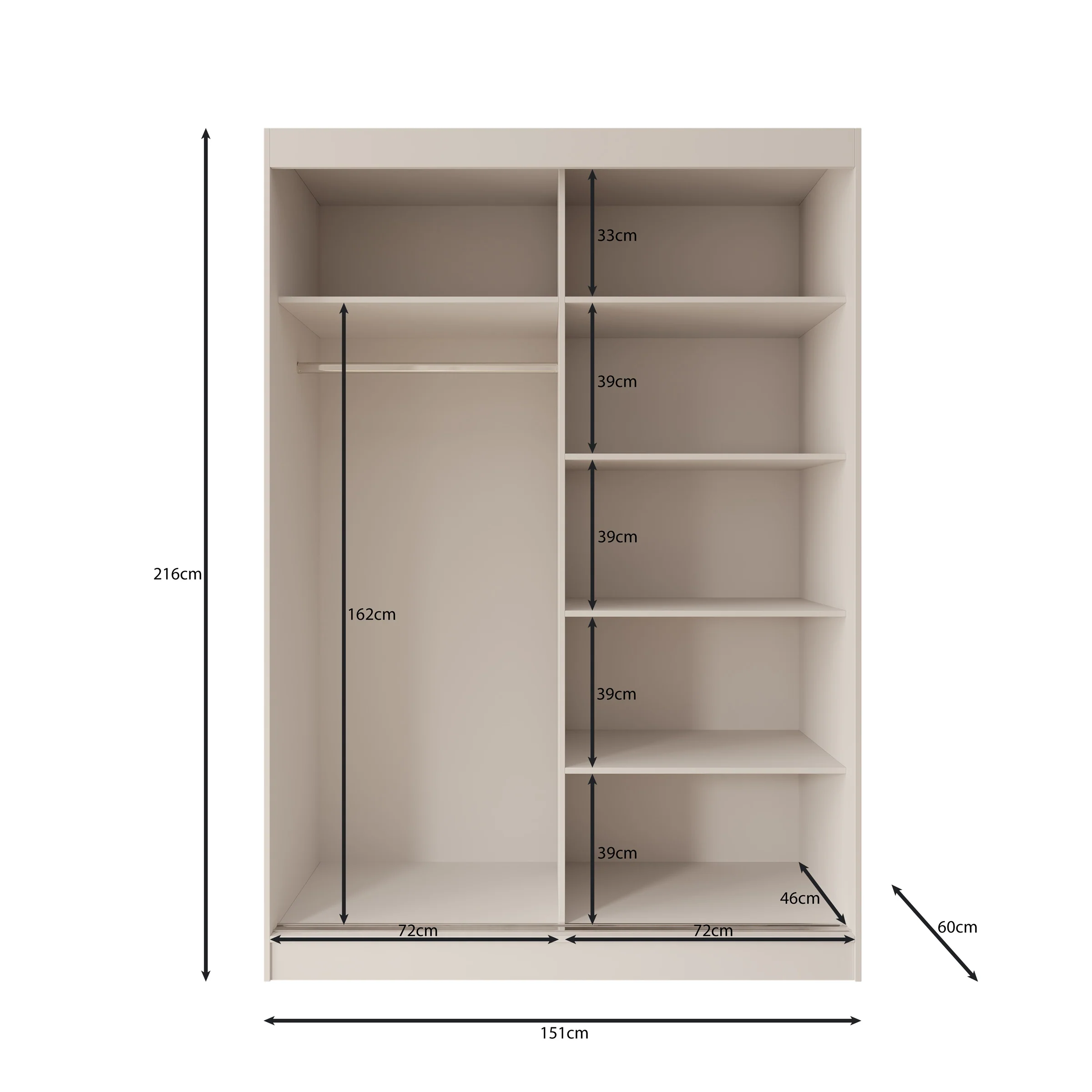 Tavares - Kledingkast met 2 schuifdeuren - Wit - 151x60x216 cm - Image 5