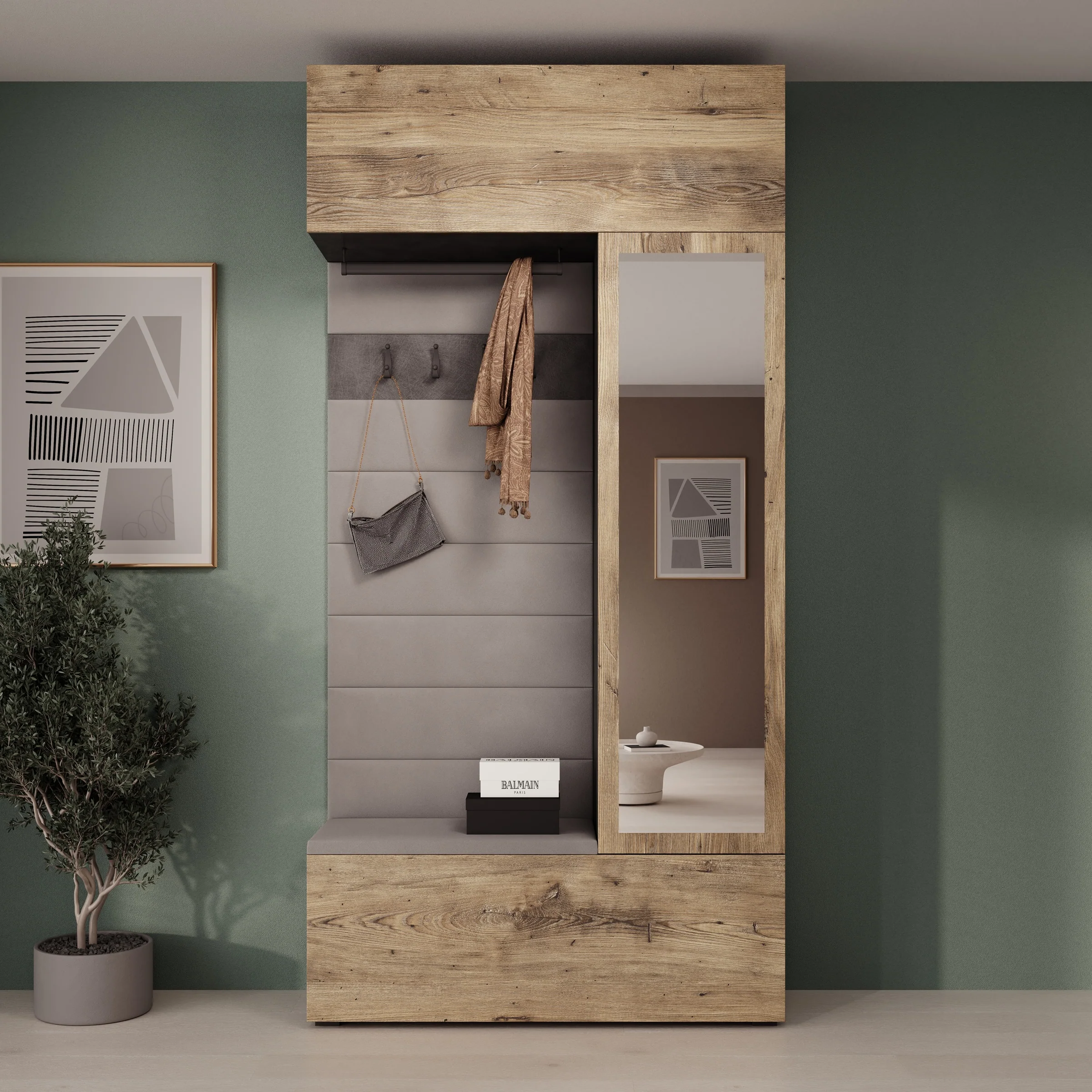 Telora - Halkast met deur - Eikenpatroon/Grijs - 115x38x232 cm - Image 4