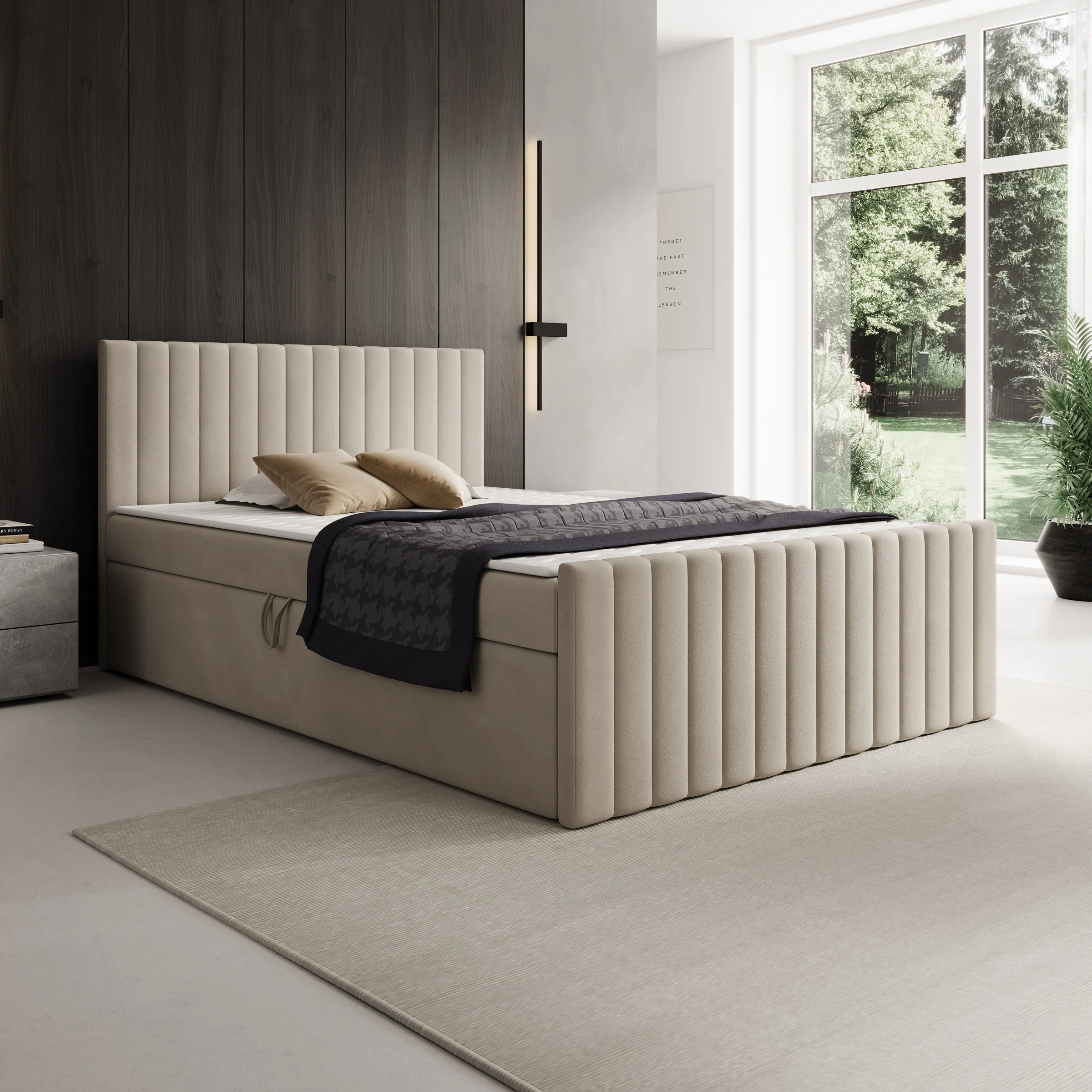 Tori - Boxspring met opbergruimte - Stof beige - 140x200 cm