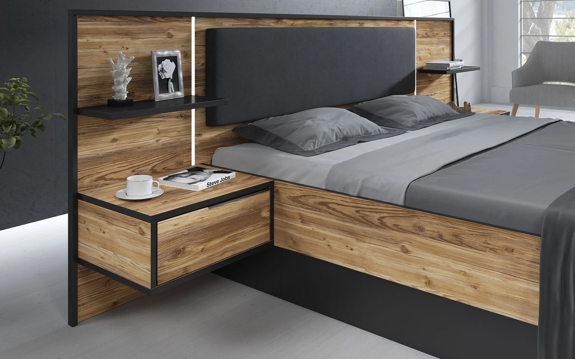 Jacob - Tweepersoonsbed met nachtkastjes - Zwart/Eiken - 180x200 cm - Image 4