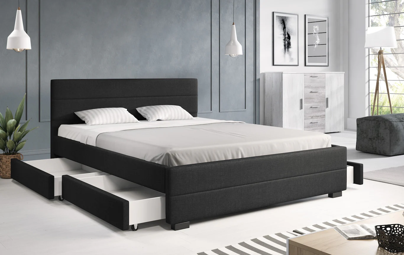 Loox - Tweepersoonsbed met 4 lades - Stof zwart - 160x200 cm