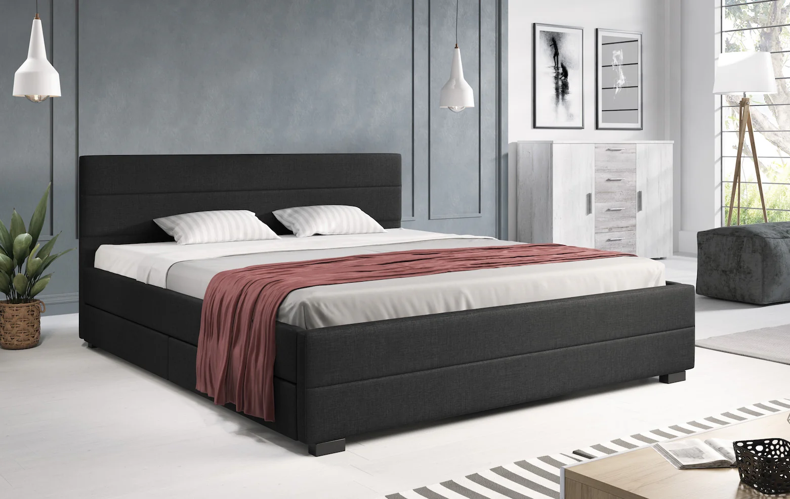 Loox - Tweepersoonsbed met 4 lades - Stof zwart - 180x200 cm - Image 2