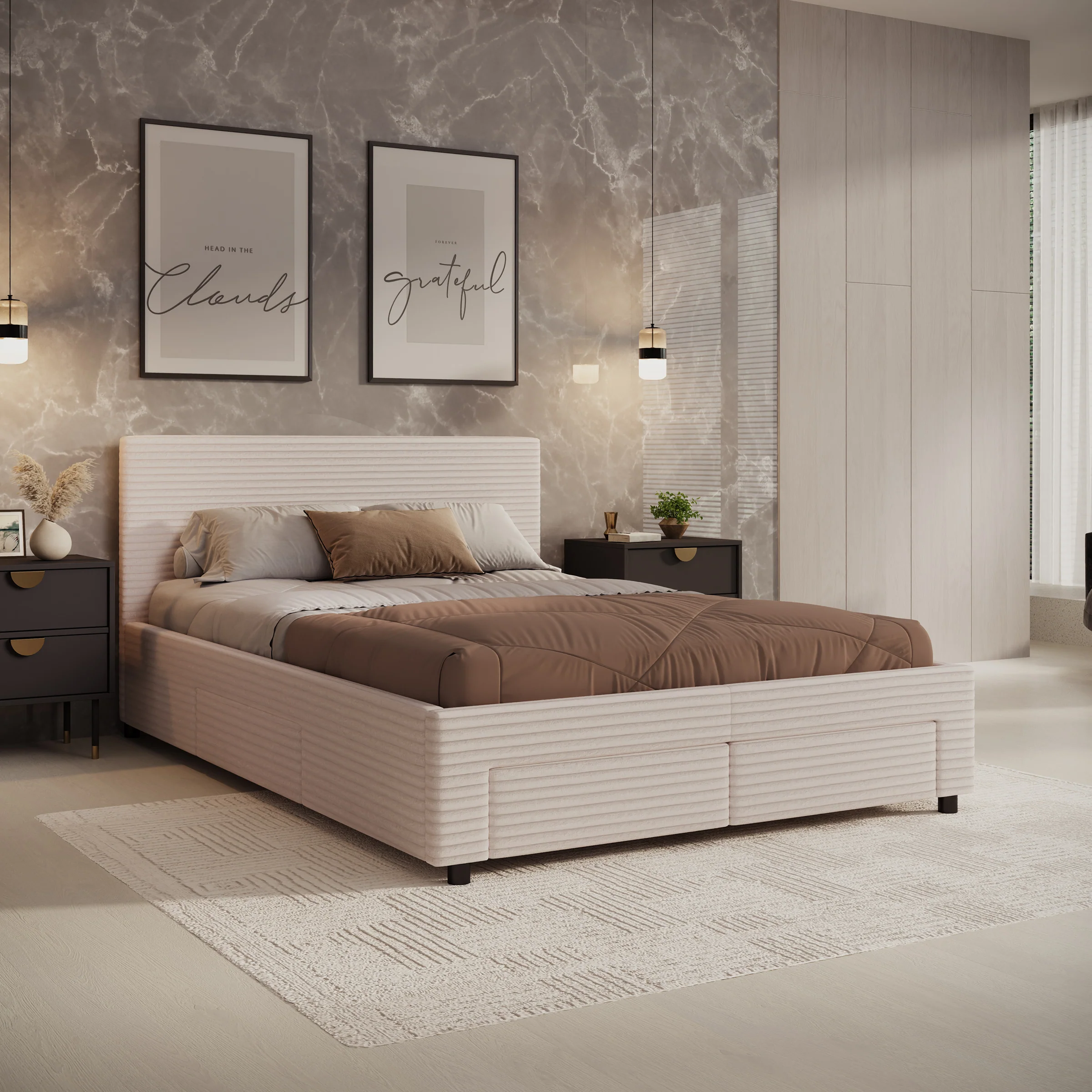 Suente - Tweepersoonsbed met 4 lades - Ribstof beige - 140x200 cm
