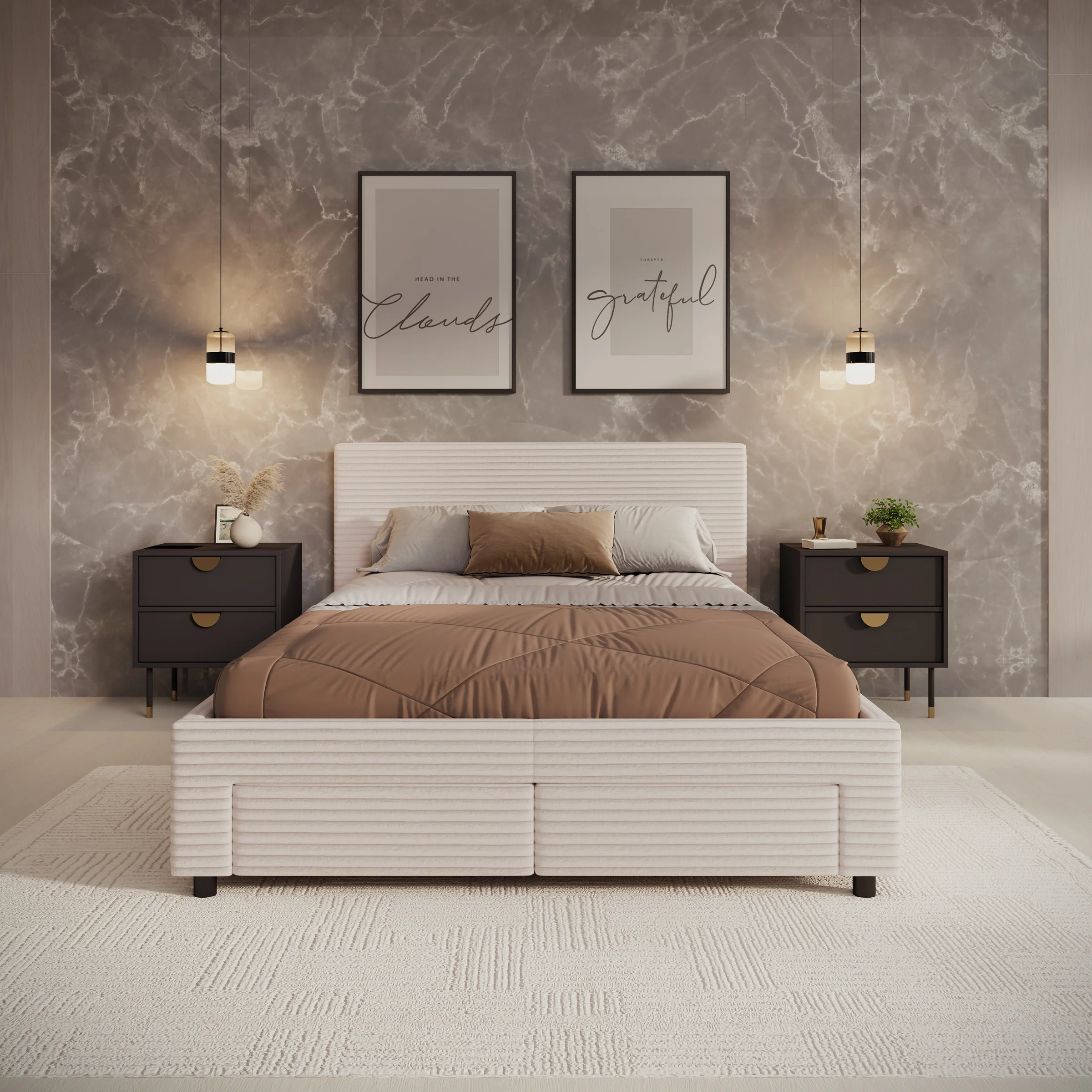 Suente - Tweepersoonsbed met 4 lades - Ribstof beige - 140x200 cm - Image 3