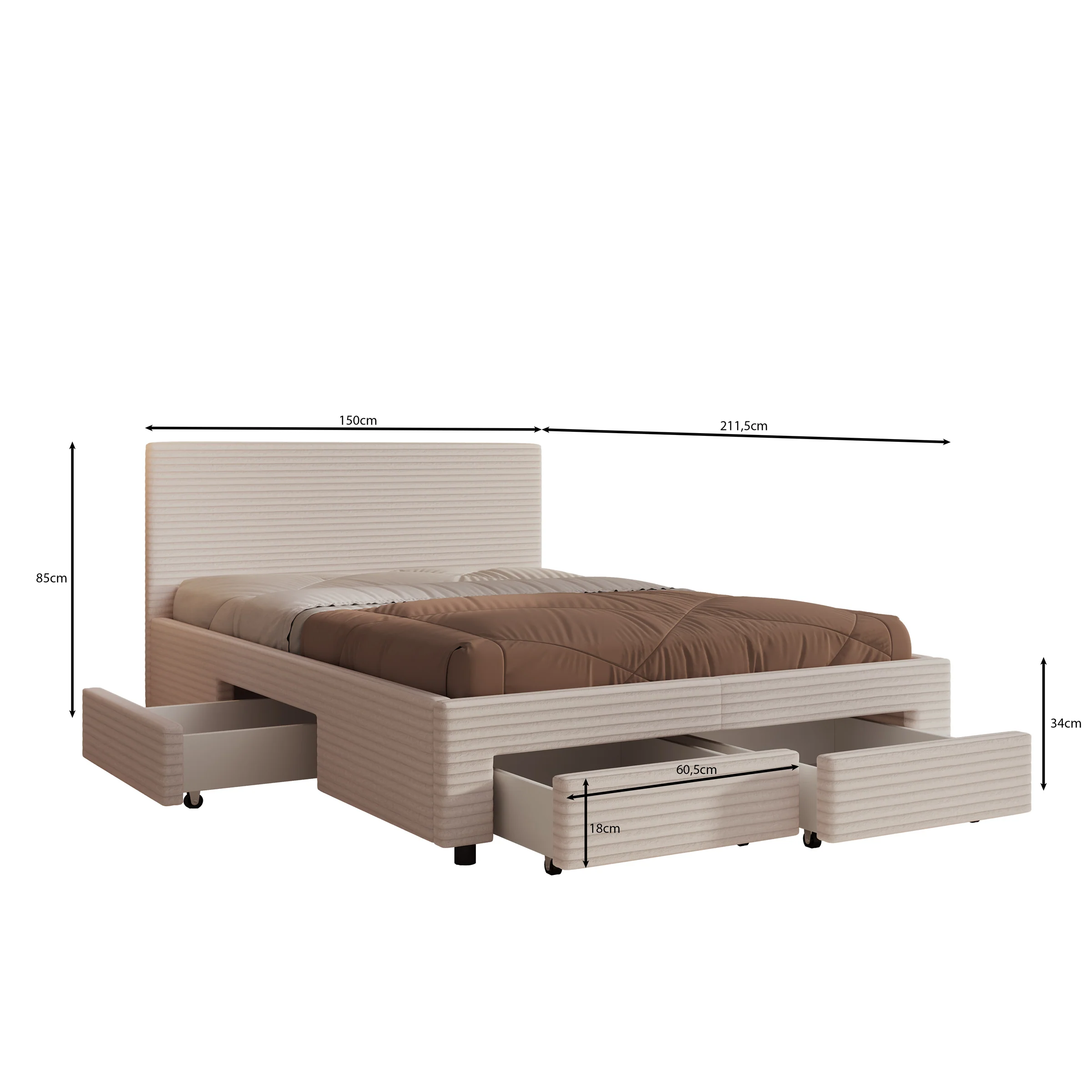 Suente - Tweepersoonsbed met 4 lades - Ribstof beige - 140x200 cm - Image 4