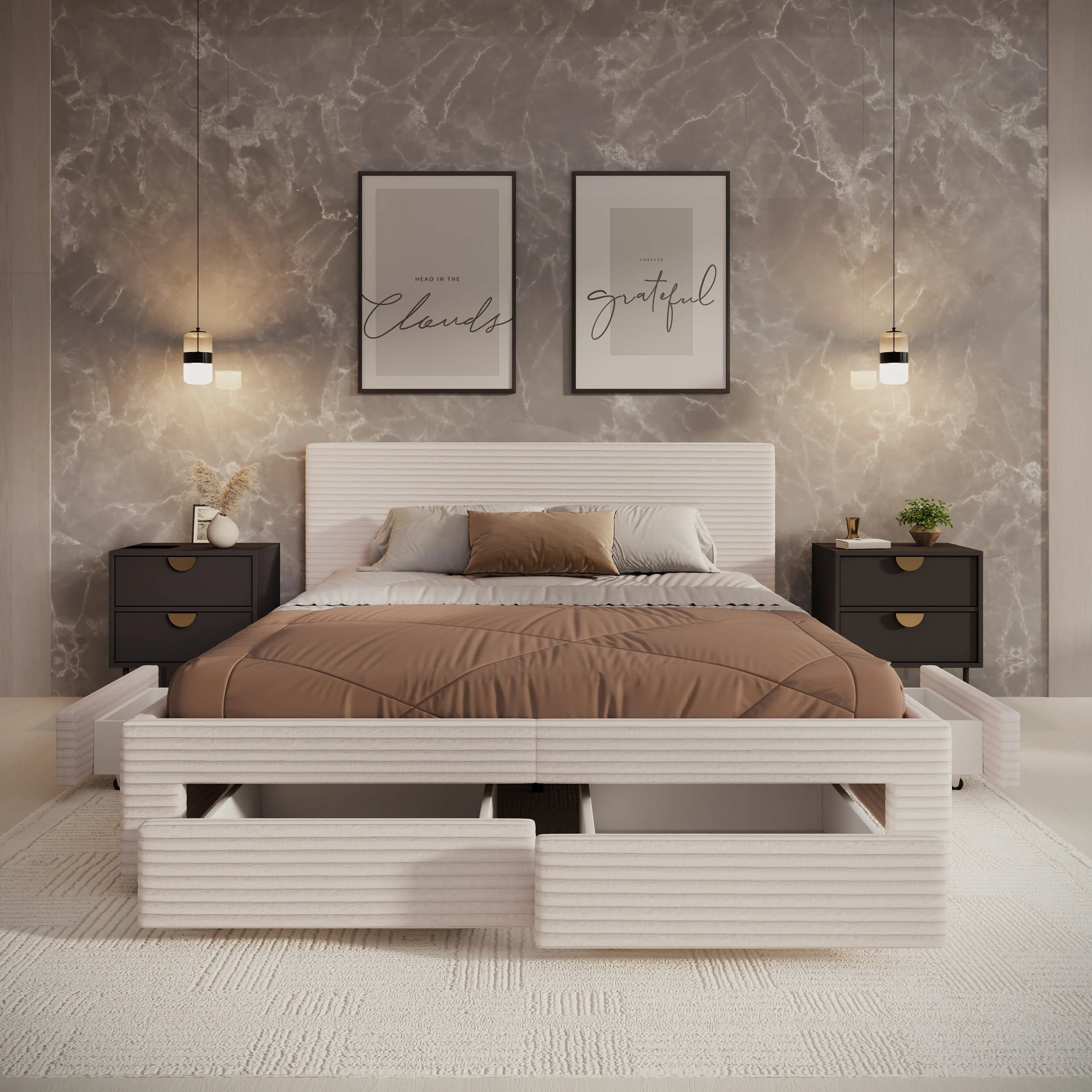 Suente - Tweepersoonsbed met 4 lades - Ribstof beige - 160x200 cm - Image 2