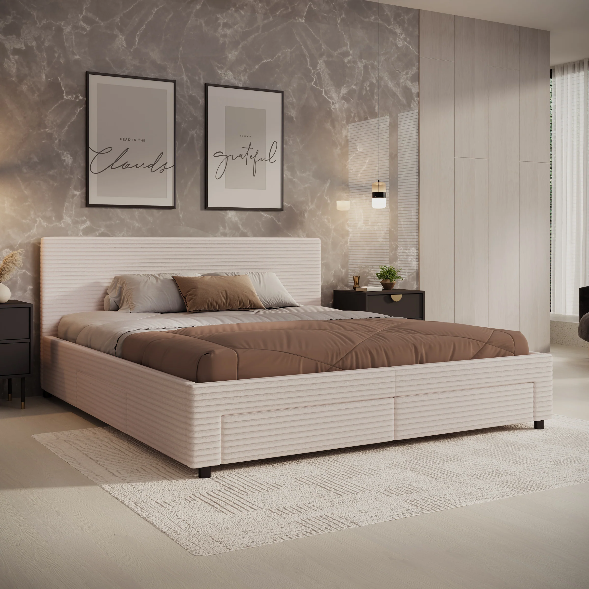 Suente - Tweepersoonsbed met 4 lades - Ribstof beige - 180x200 cm