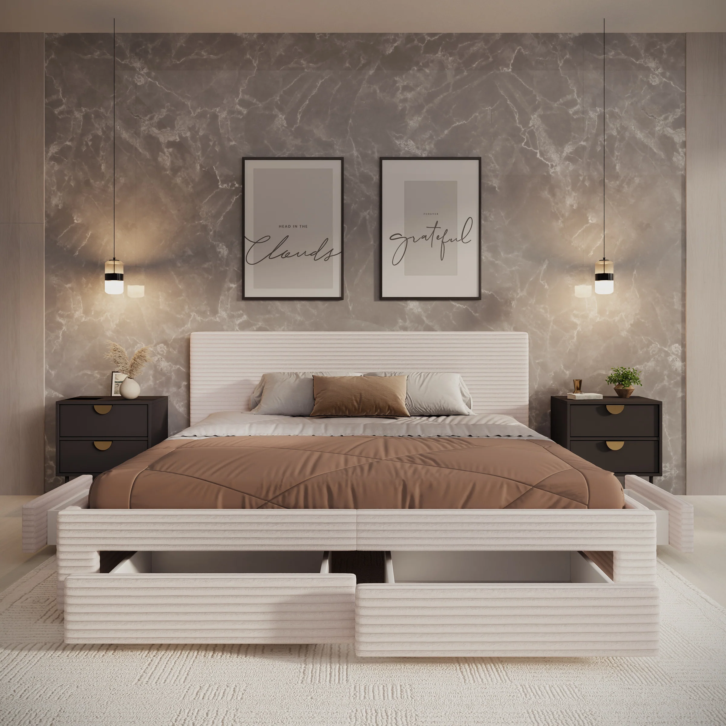 Suente - Tweepersoonsbed met 4 lades - Ribstof beige - 180x200 cm - Image 2