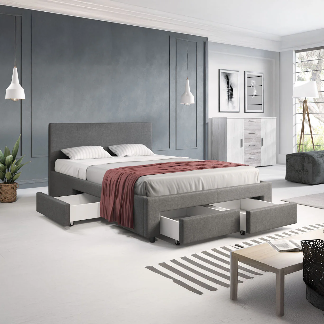 Suente - Tweepersoonsbed met 4 lades - Stof grijs - 140x200 cm - Image 4
