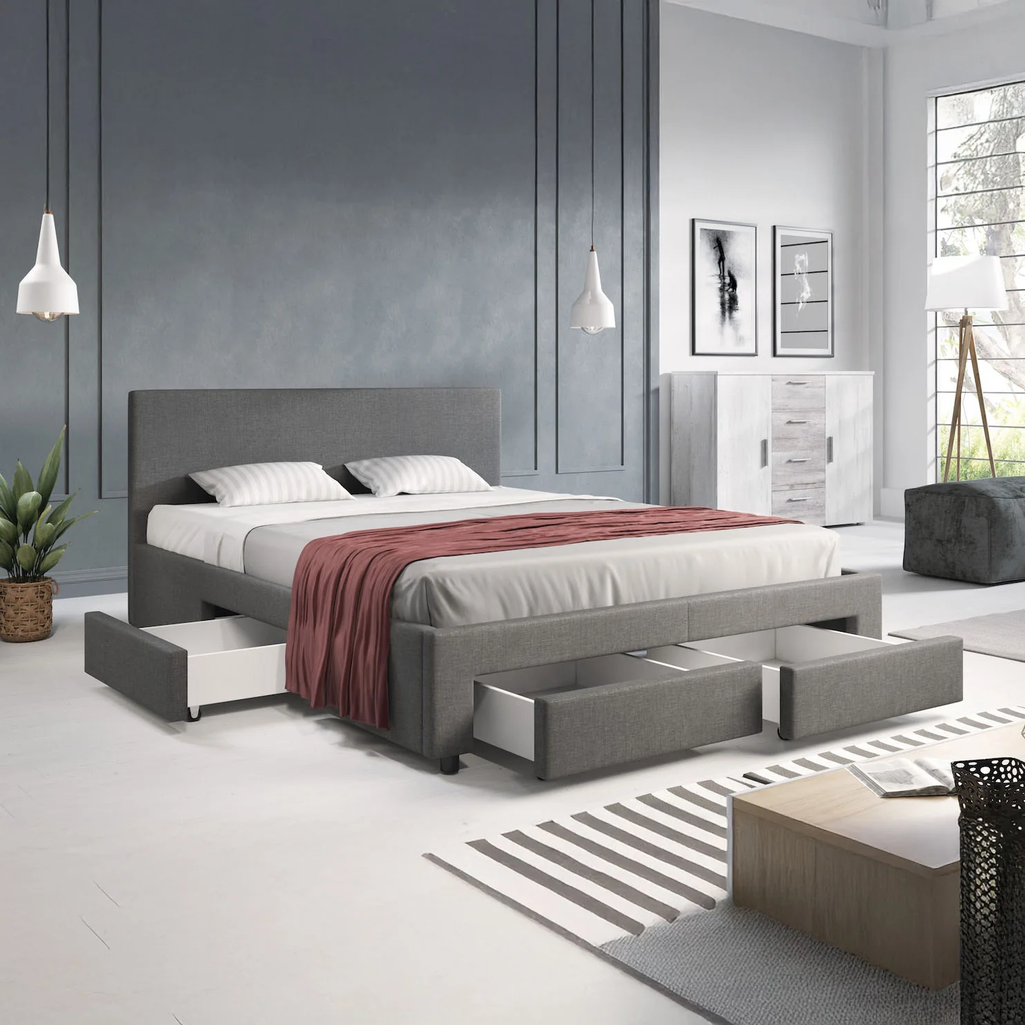 Suente - Tweepersoonsbed met 4 lades - Stof grijs - 160x200 cm - Image 4
