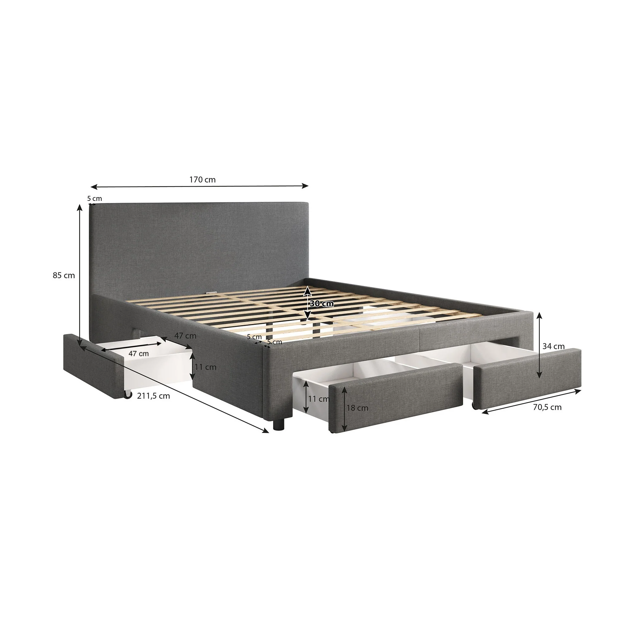 Suente - Tweepersoonsbed met 4 lades - Stof grijs - 160x200 cm - Image 6