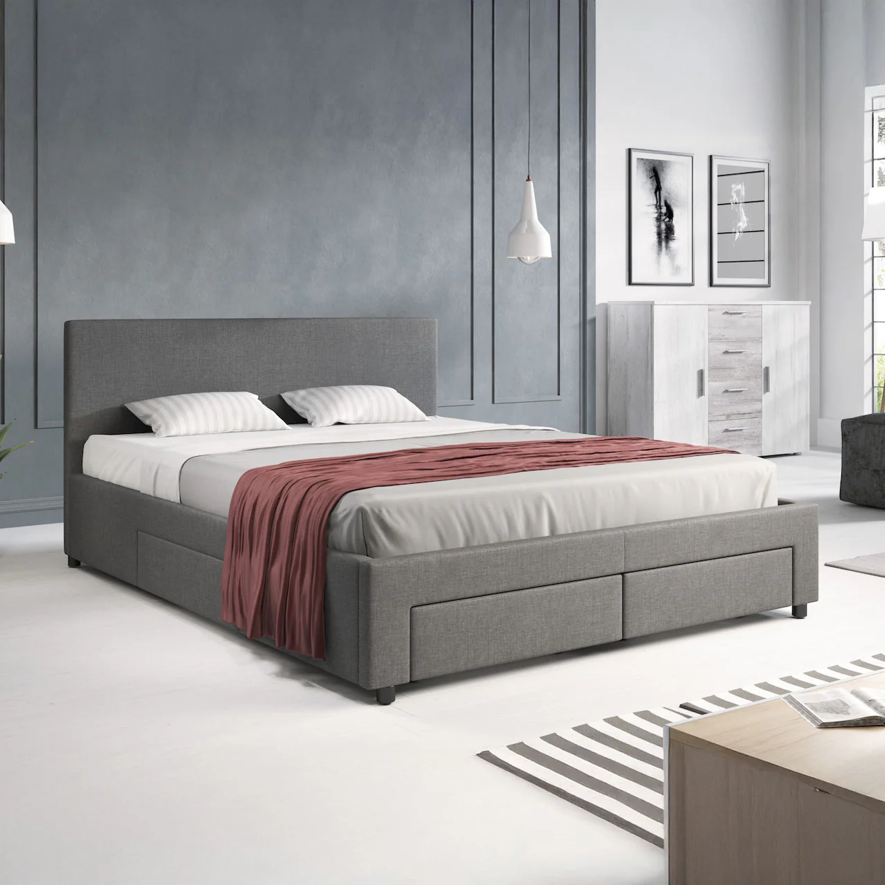 Suente - Tweepersoonsbed met 4 lades - Stof grijs - 180x200 cm