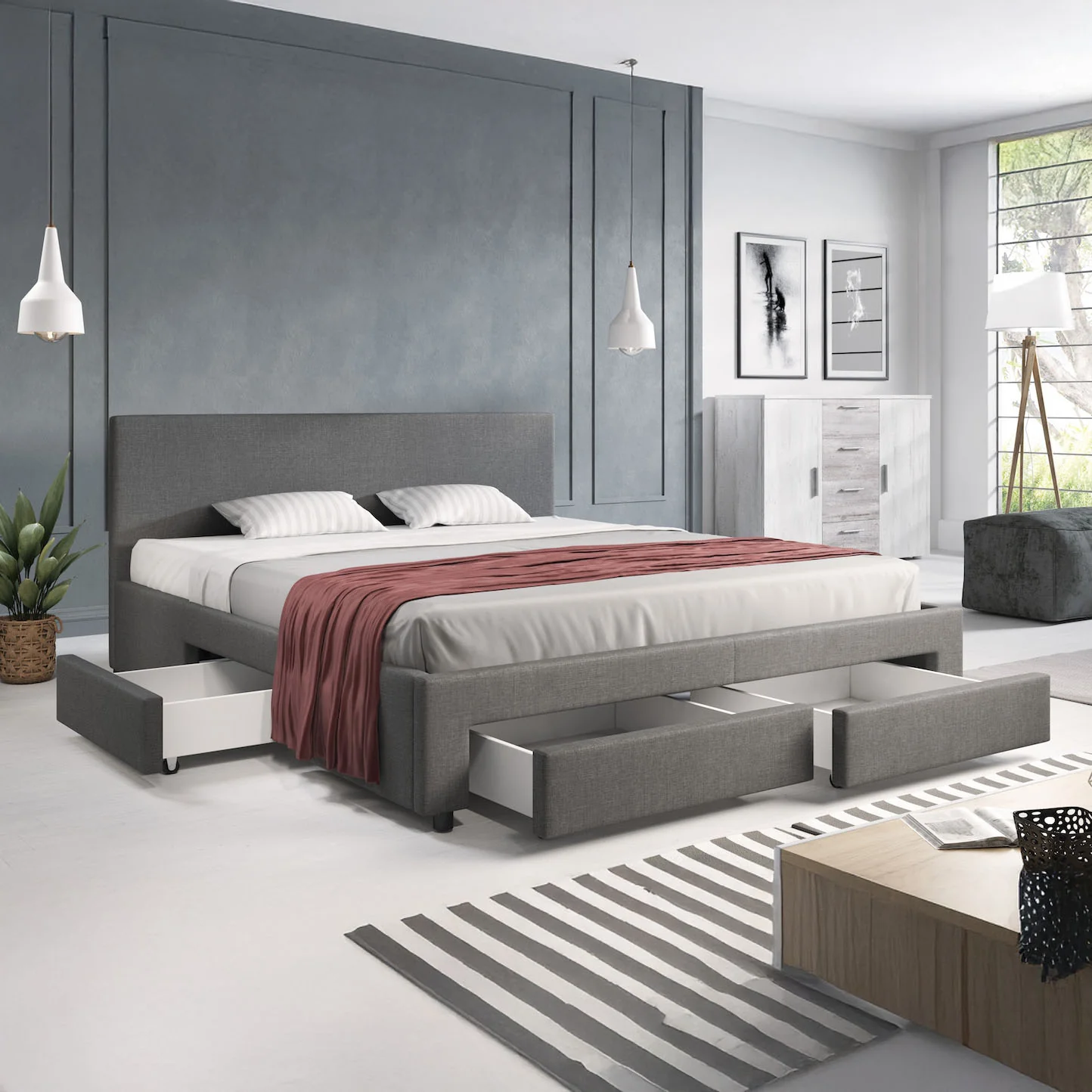 Suente - Tweepersoonsbed met 4 lades - Stof grijs - 180x200 cm - Image 4