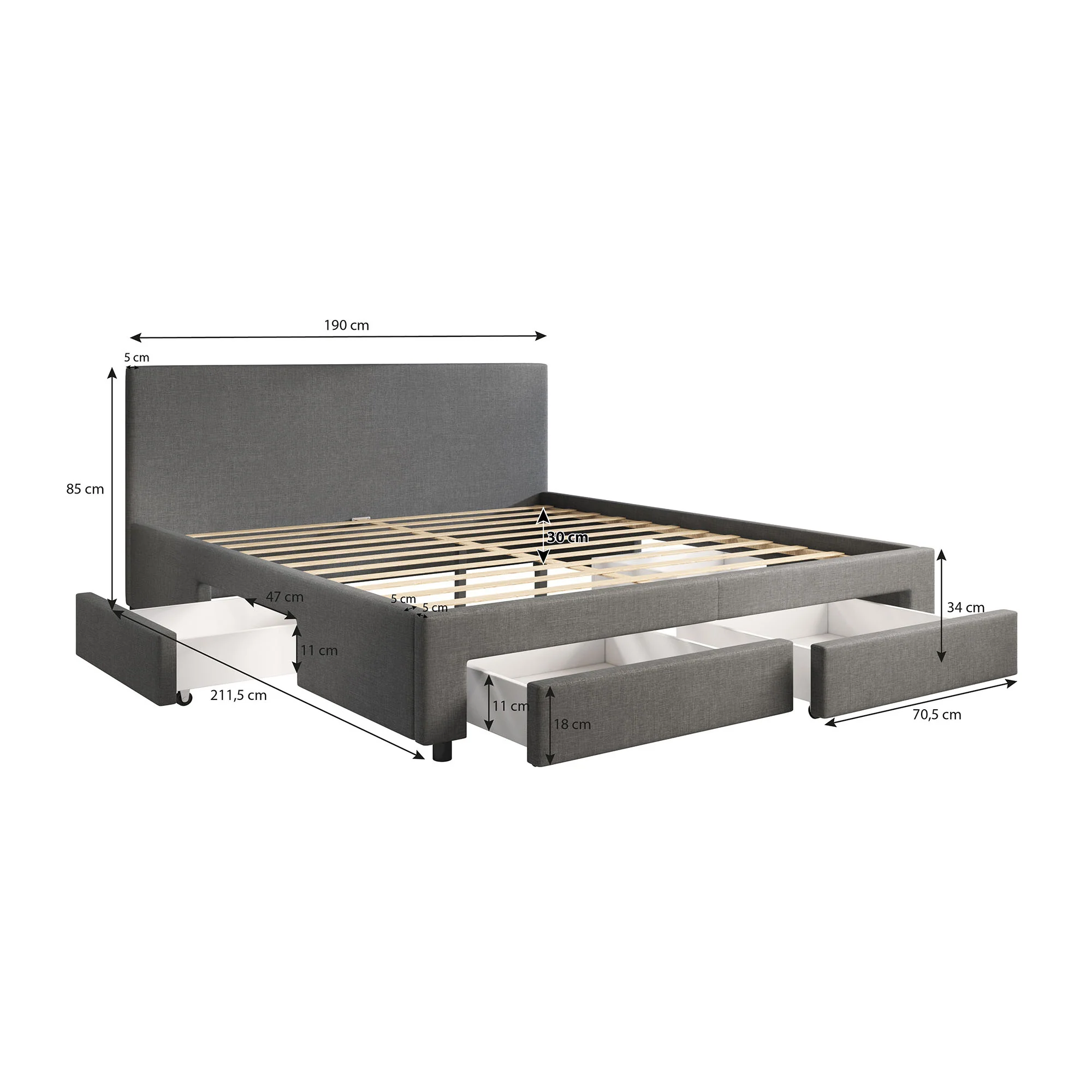 Suente - Tweepersoonsbed met 4 lades - Stof grijs - 180x200 cm - Image 6