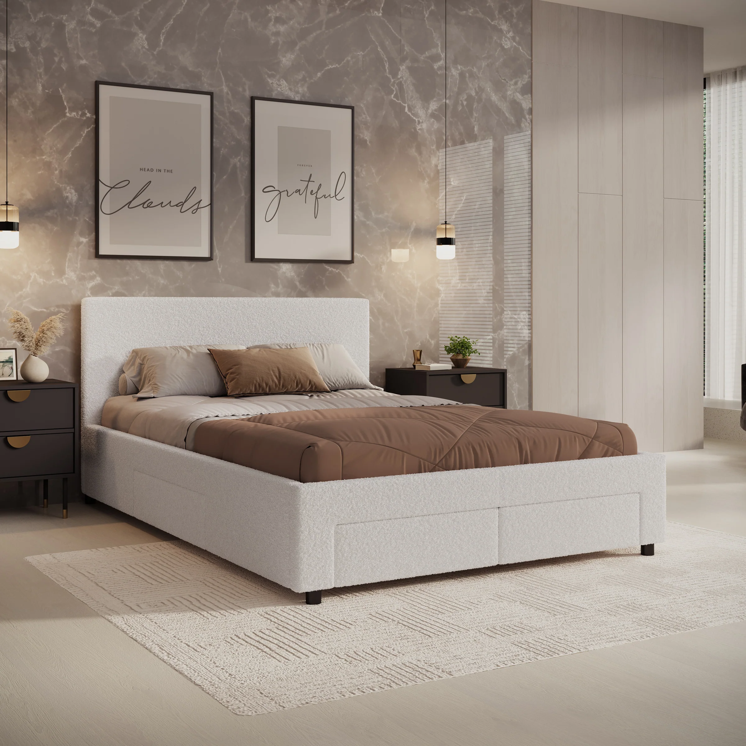 Suente - Tweepersoonsbed met 4 lades - Teddystof Wit - 140x200 cm