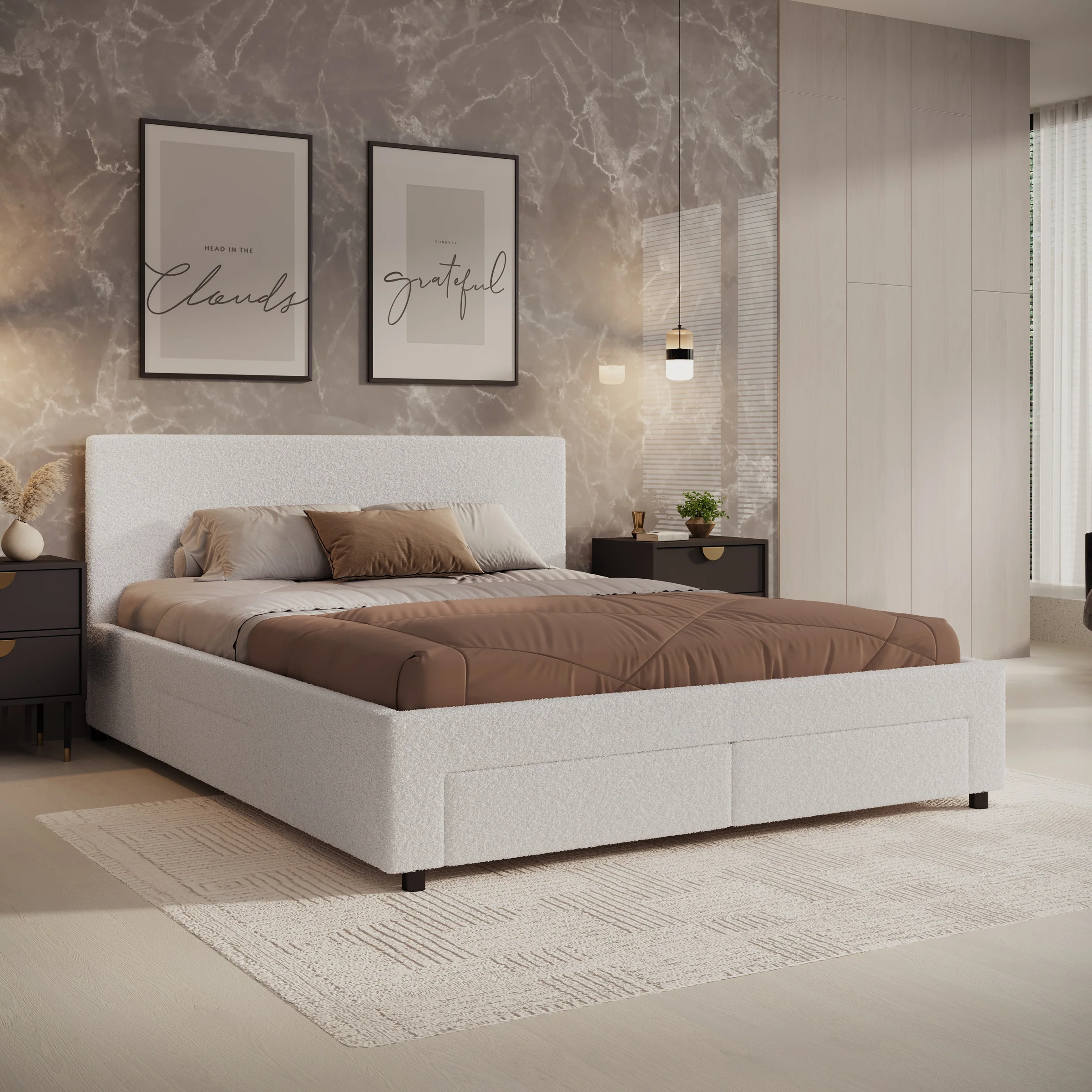 Suente - Tweepersoonsbed met 4 lades - Teddystof Wit - 160x200 cm