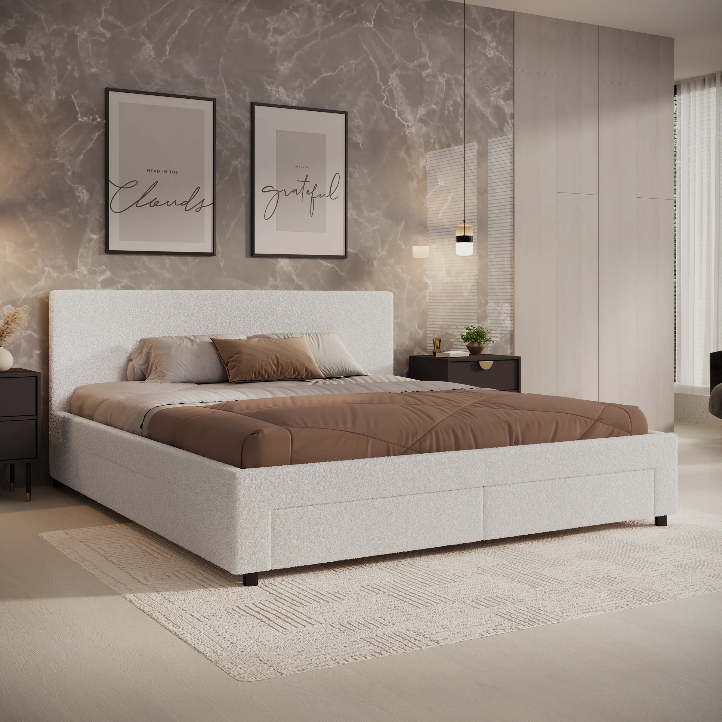 Suente - Tweepersoonsbed met 4 lades - Teddystof Wit - 180x200 cm
