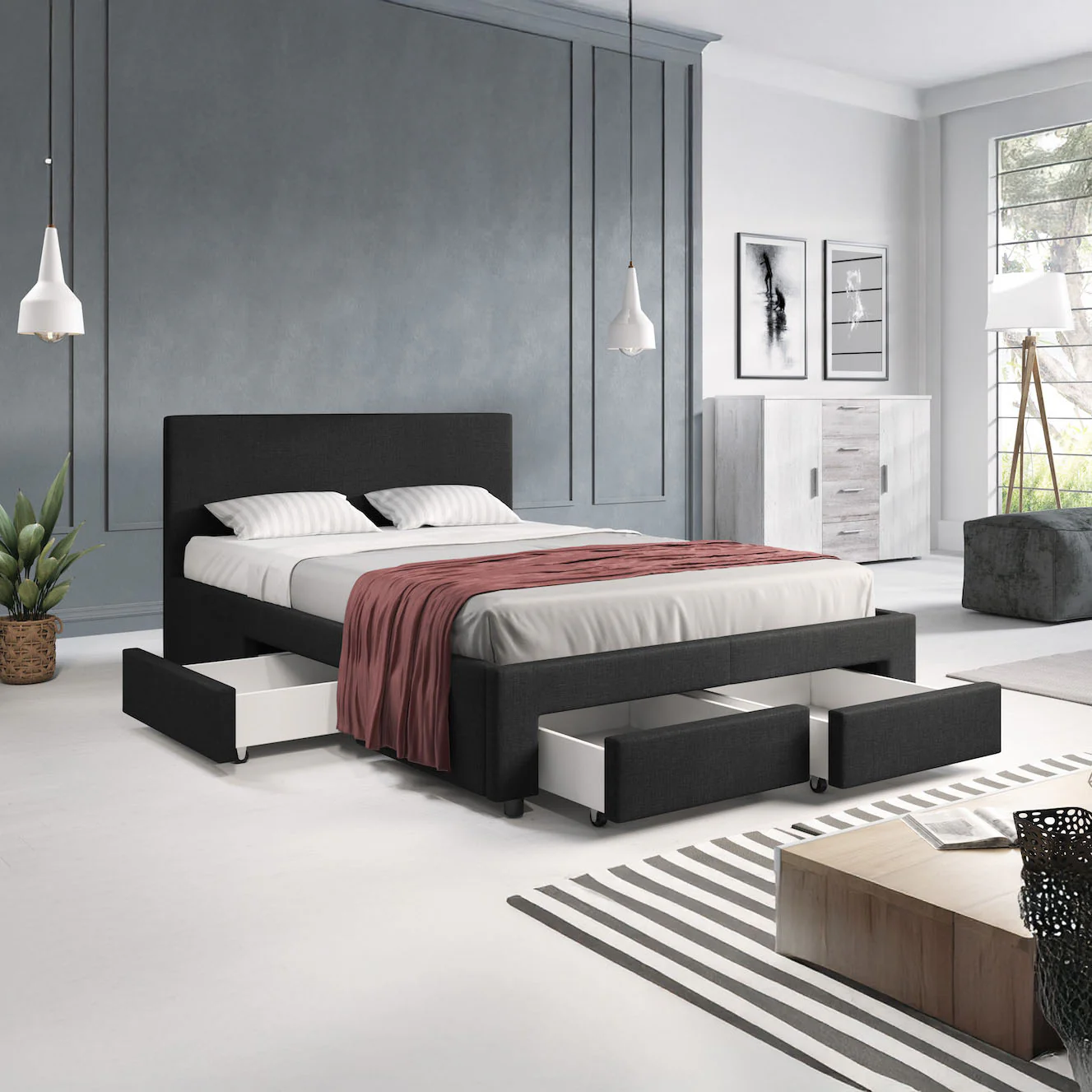 Suente - Tweepersoonsbed met 4 lades - Stof zwart - 140x200 cm - Image 4
