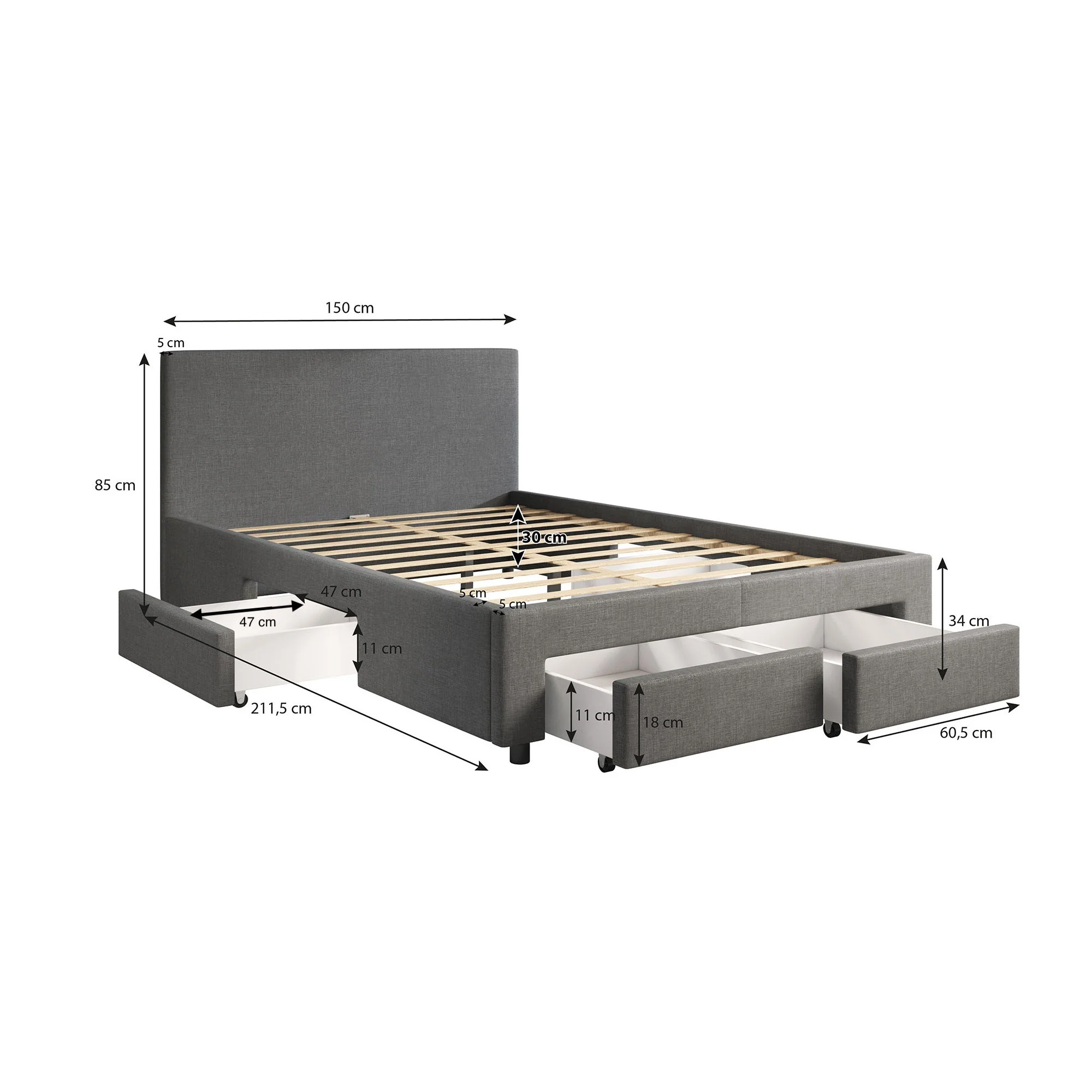 Suente - Tweepersoonsbed met 4 lades - Stof zwart - 140x200 cm - Image 6