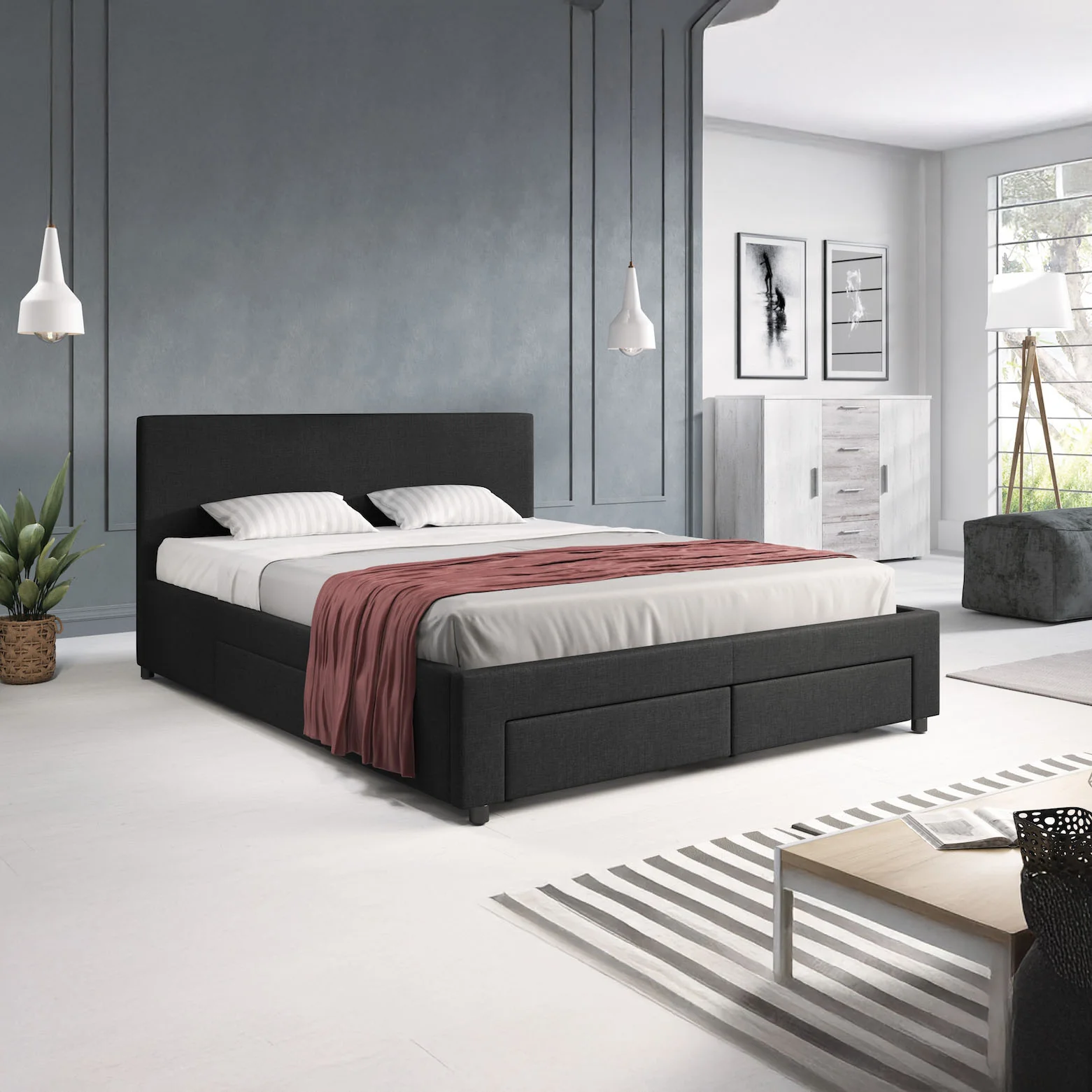Suente - Tweepersoonsbed met 4 lades - Stof zwart - 160x200 cm