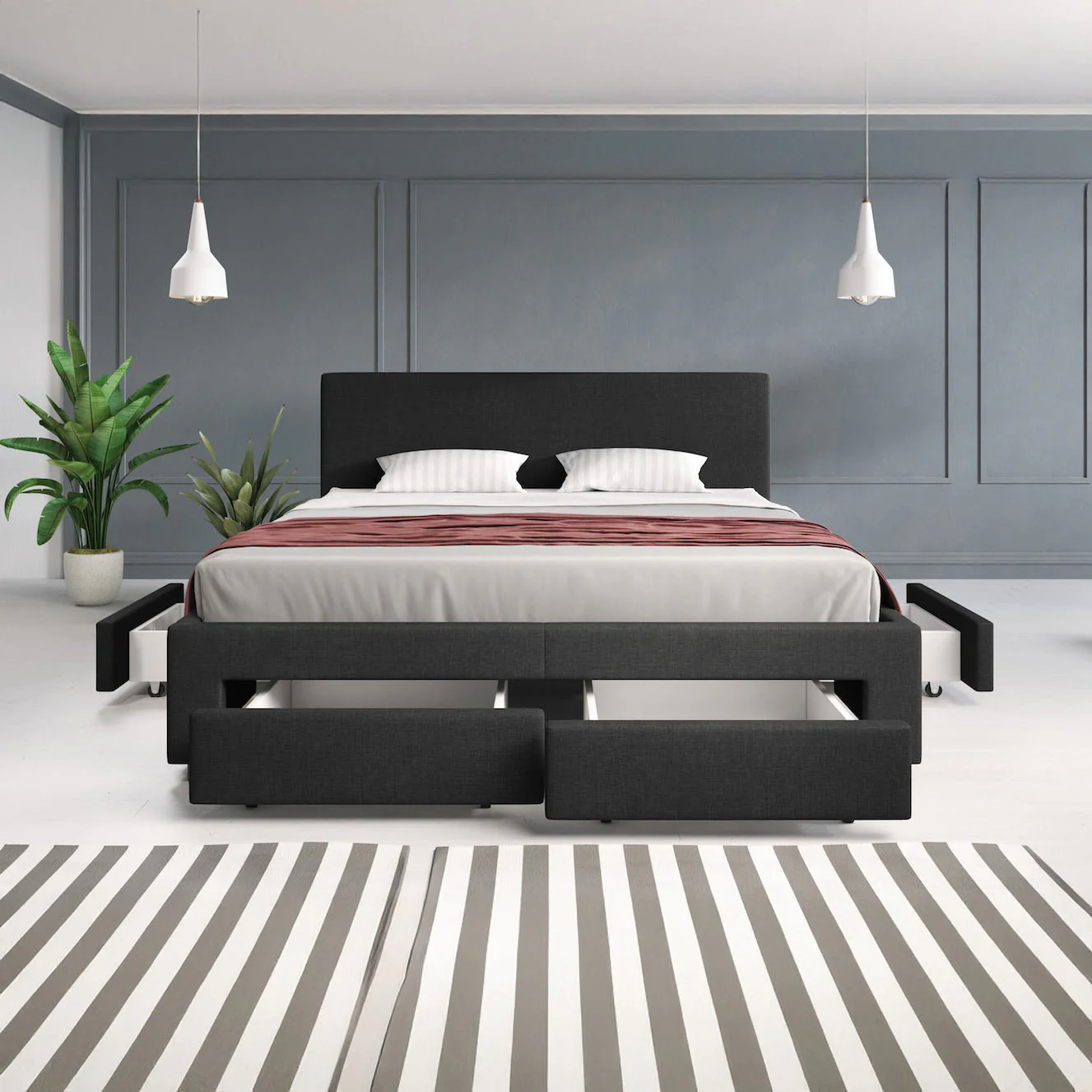 Suente - Tweepersoonsbed met 4 lades - Stof zwart - 160x200 cm - Image 2