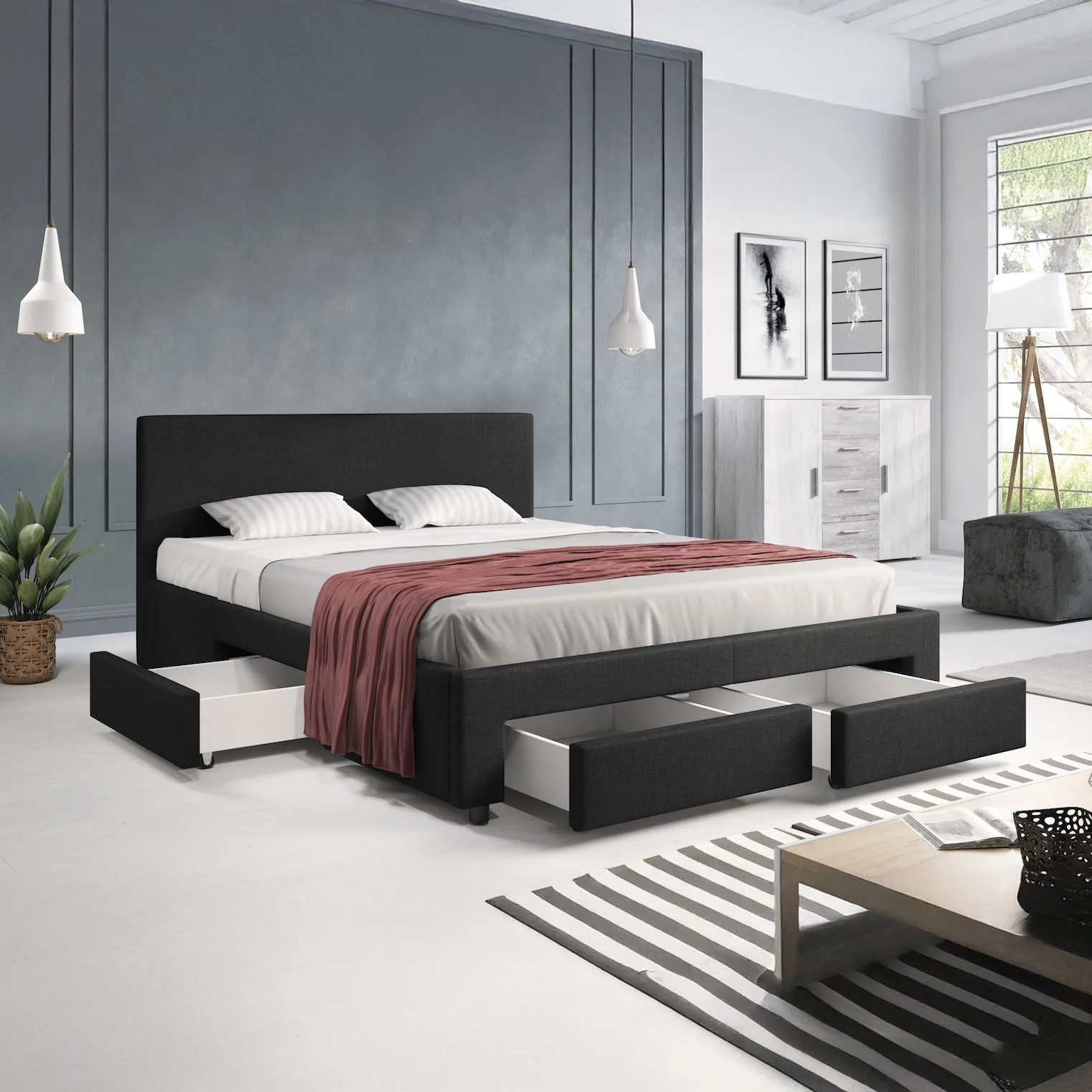Suente - Tweepersoonsbed met 4 lades - Stof zwart - 160x200 cm - Image 4