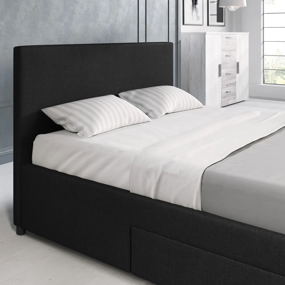 Suente - Tweepersoonsbed met 4 lades - Stof zwart - 160x200 cm - Image 5