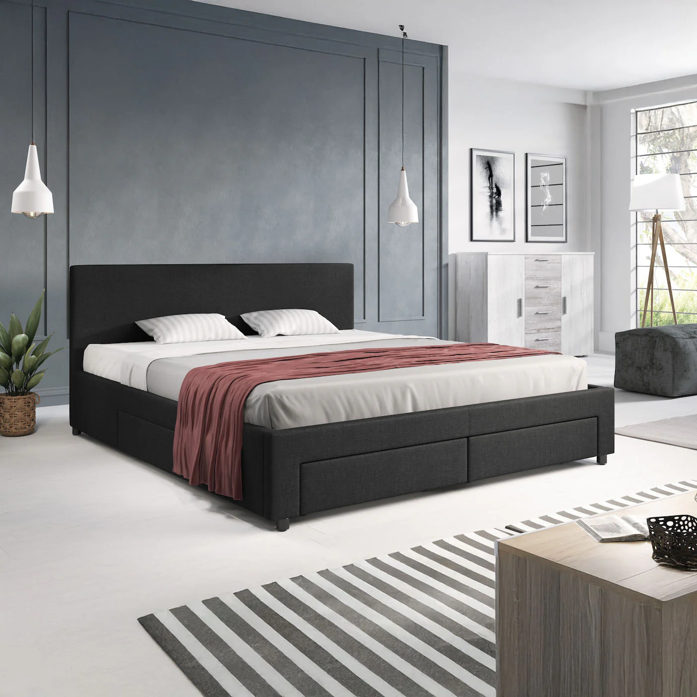 Suente - Tweepersoonsbed met 4 lades - Stof zwart - 180x200 cm
