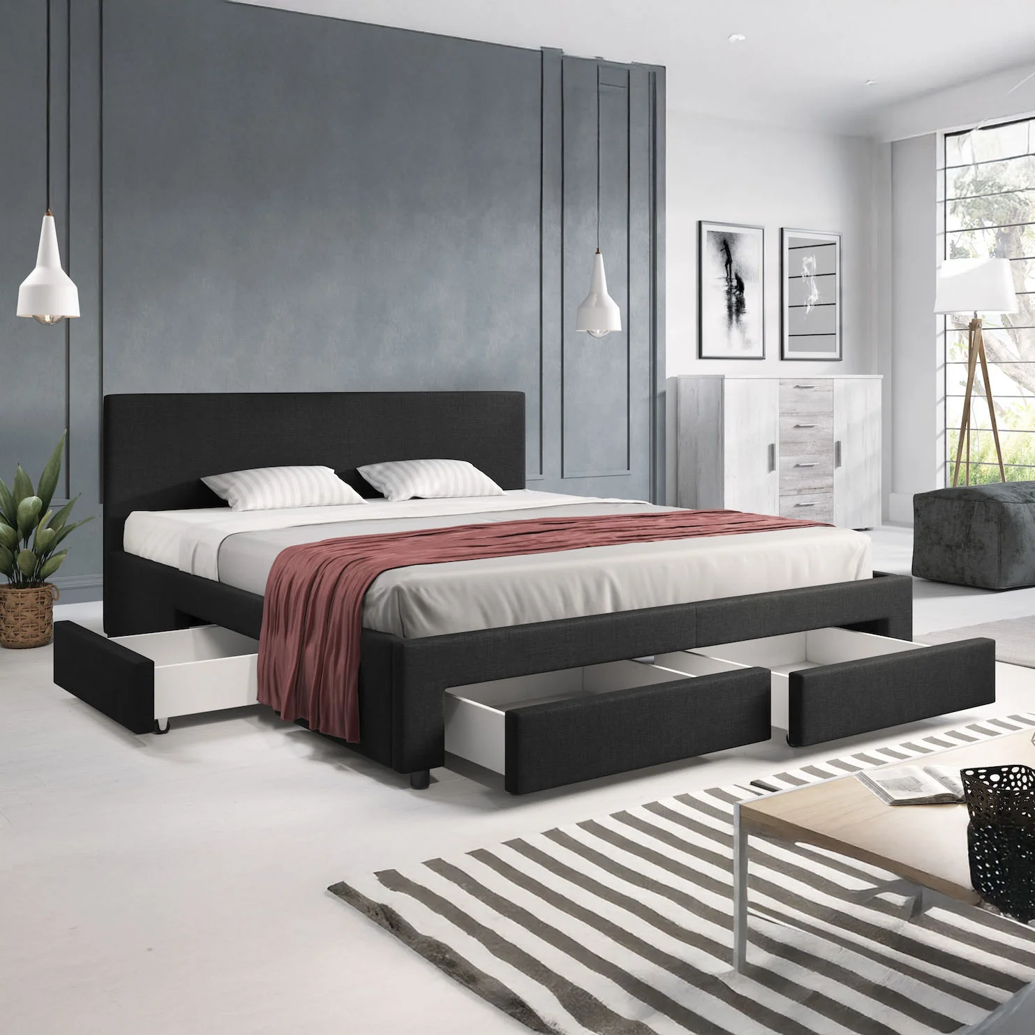 Suente - Tweepersoonsbed met 4 lades - Stof zwart - 180x200 cm - Image 4