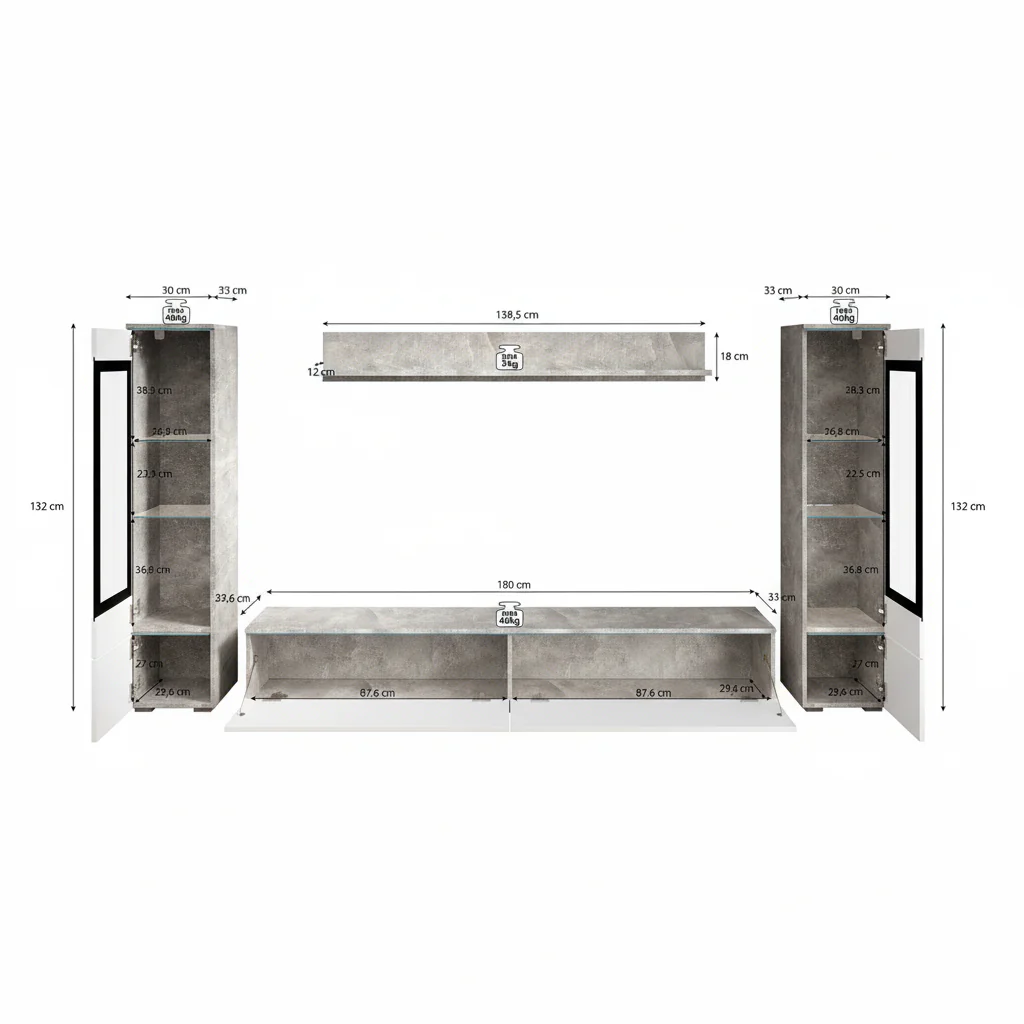 Variety - Wandmeubel - Wit/betonlook - 180x33x132 cm - Image 6