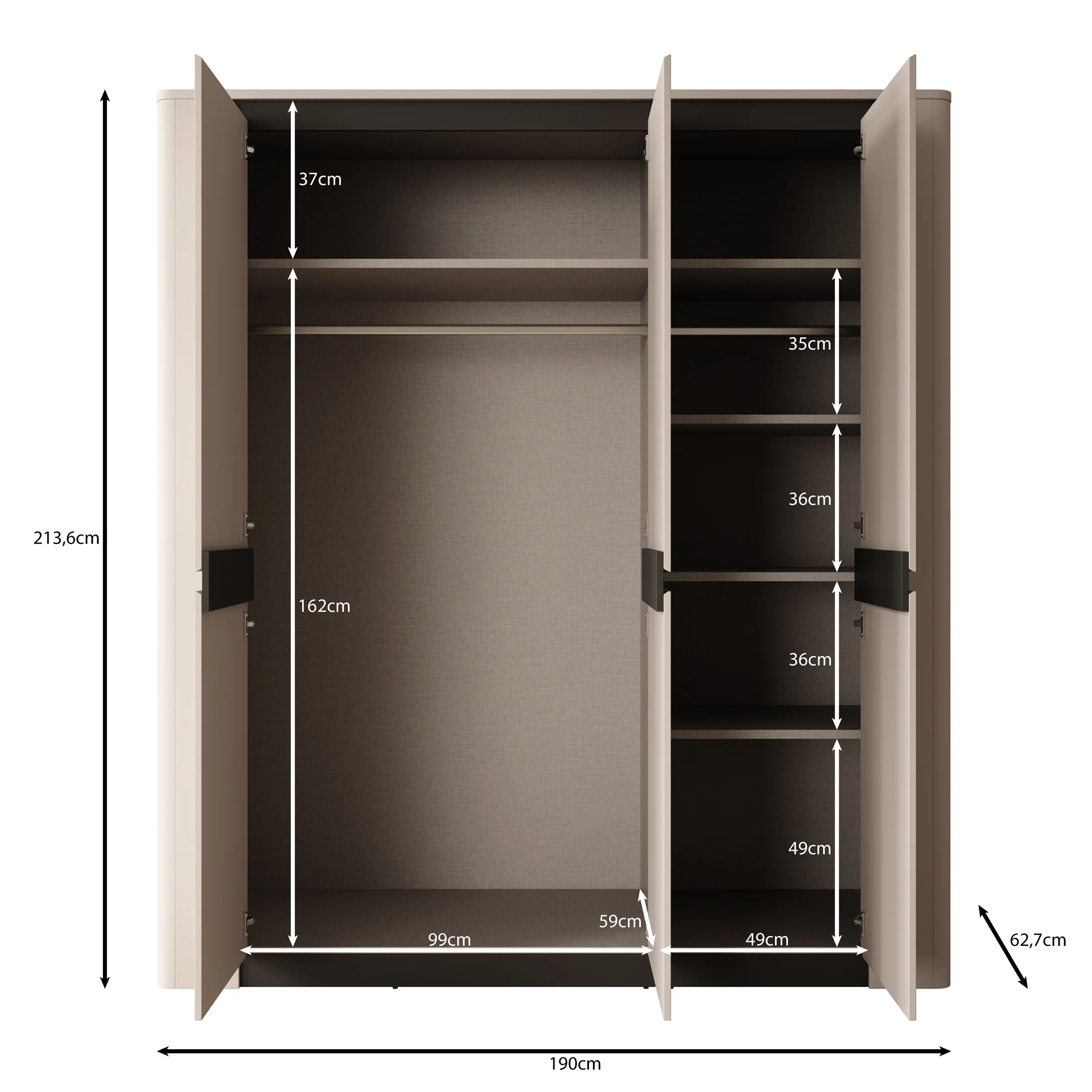 Vexon - Kledingkast met 3 deuren - Beige/Zwart - 190x63x214 cm - Image 5