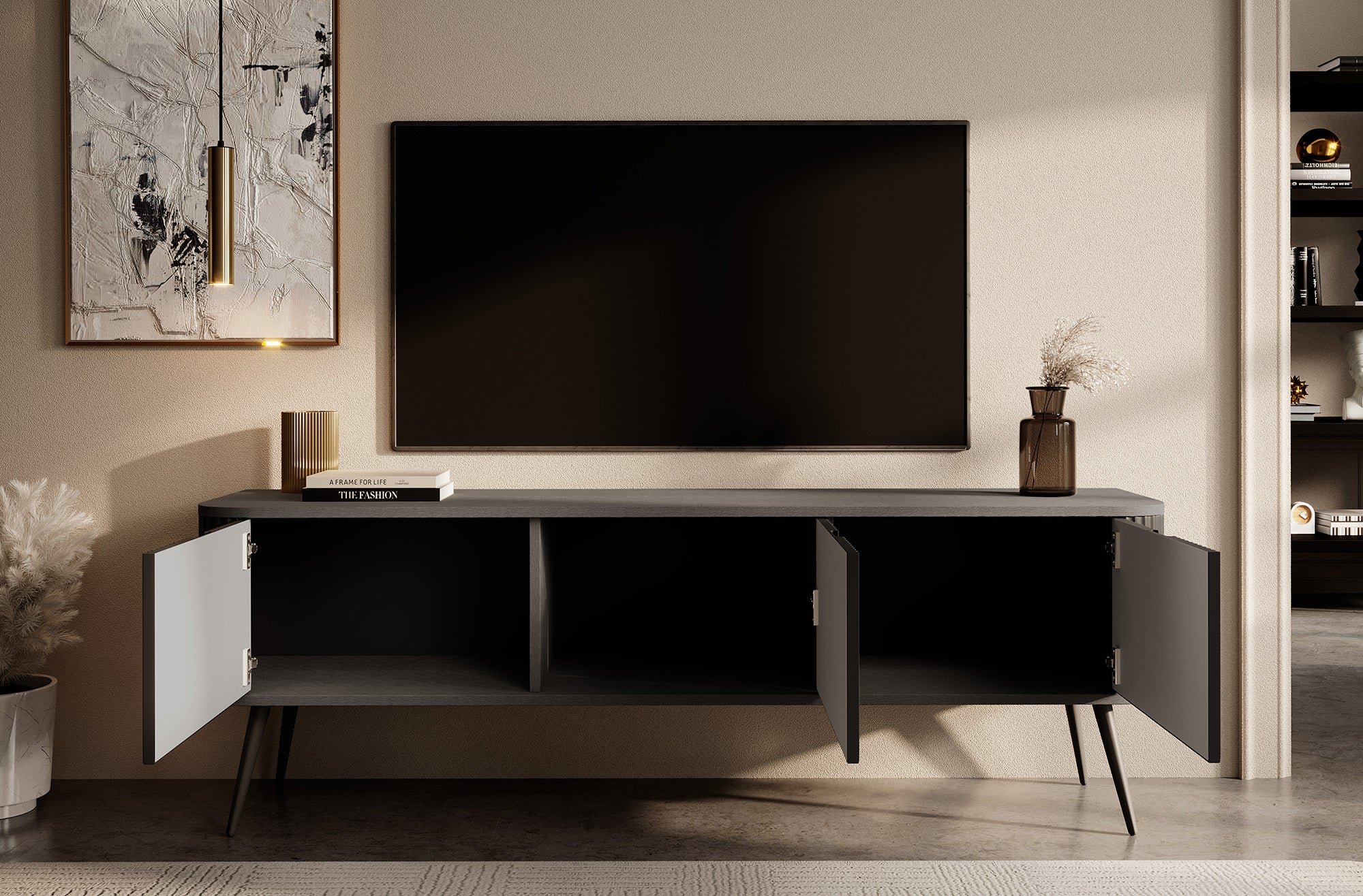 Zakari - TV-Meubel met 3 deuren - Zwart - 168 cm - Image 3
