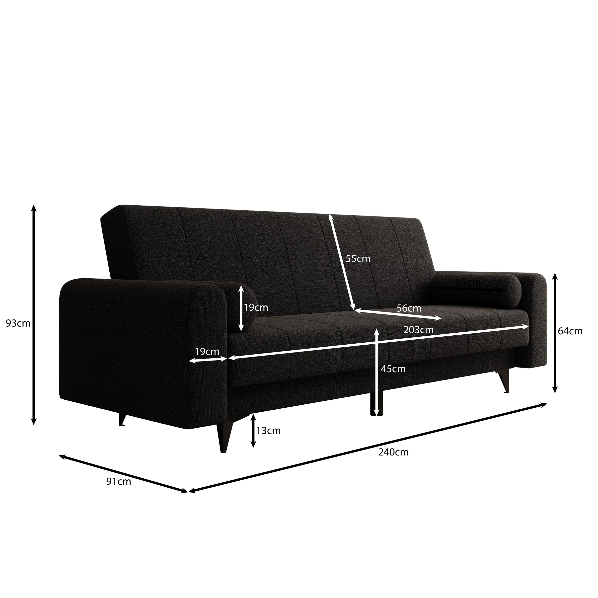 Zenzo - Slaapbank - Stof zwart - 240x91x93 cm - Image 6